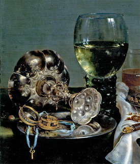Dutch Golden Age still life painting with wine glass, silver tazza, pocket watch, and white cloth