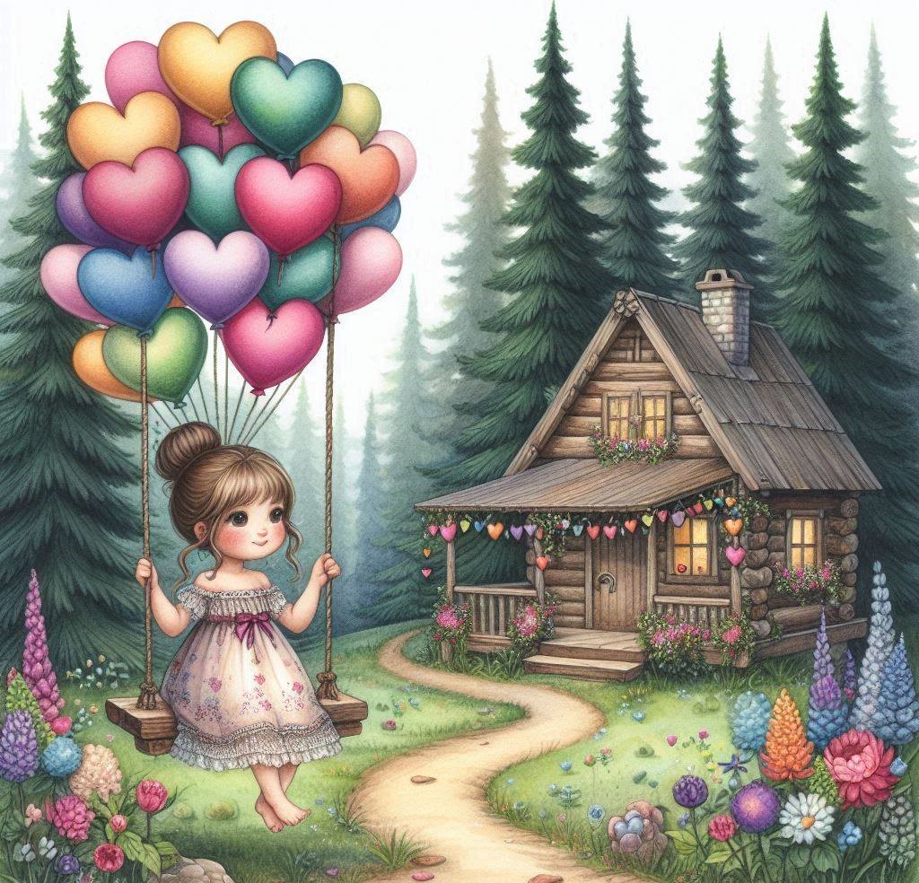Illustrated girl with heart balloons near a cozy cottage in a forest garden