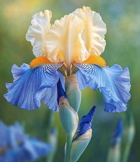 Close-up of a blue and cream iris flower with ruffled petals