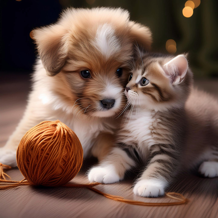 Puppy and Kitten with Yarn