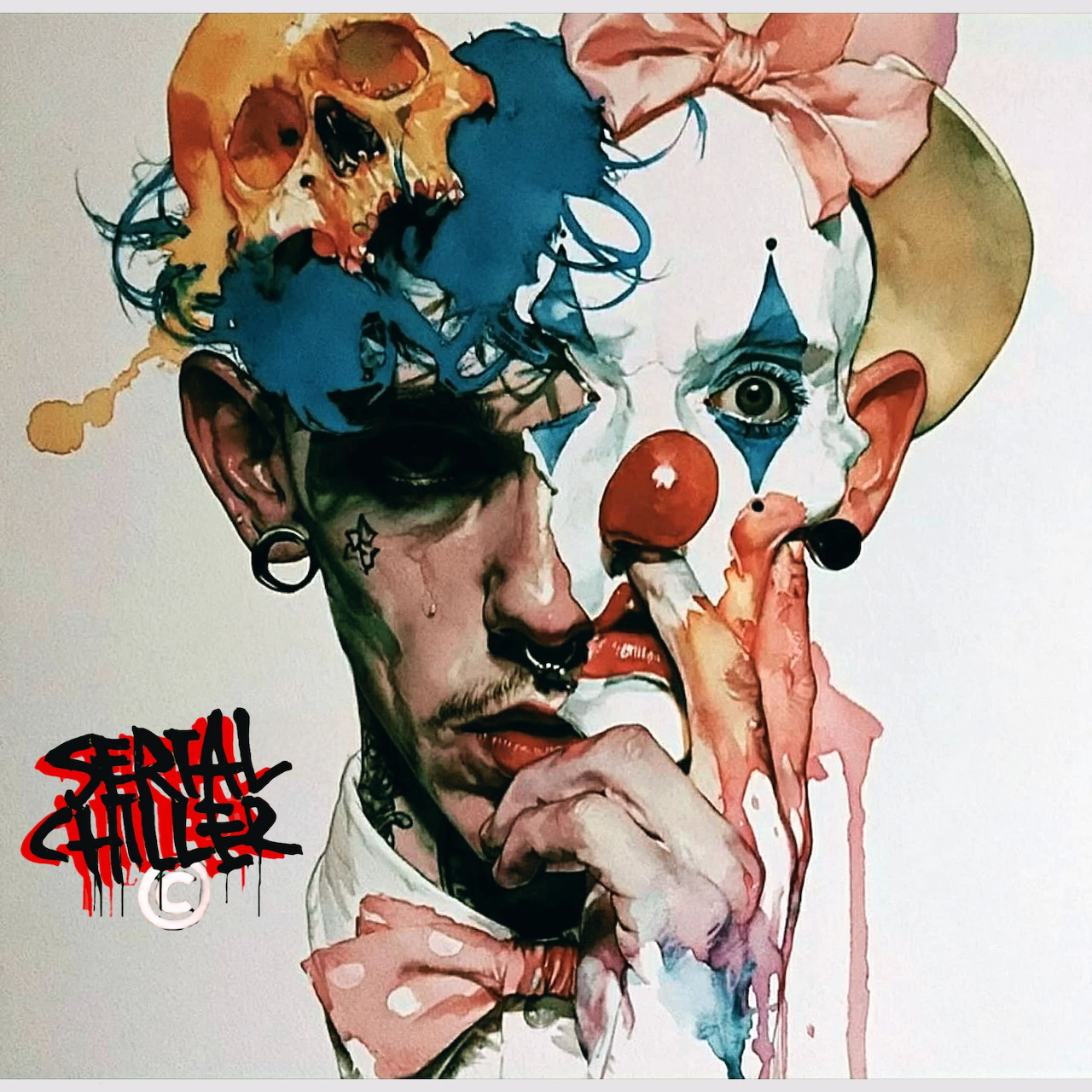 Surreal portrait of a man with clown makeup, red nose, bows, and skull elements