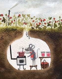 Mouse wearing apron cooking in underground home beneath garden with flowers and cross