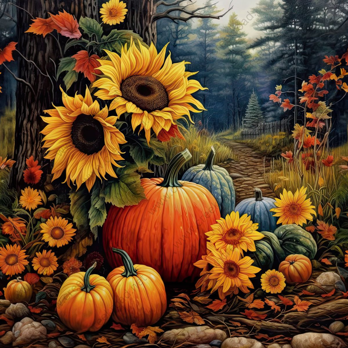 Autumn arrangement of sunflowers, orange pumpkins, and gourds on a forest path with misty evergreen trees behind