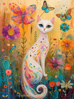 White cat with ornate floral patterns sitting among vibrant flowers and butterflies