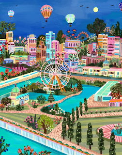 Vibrant miniature park diorama with ferris wheel, colorful buildings, blue river and hot air balloons