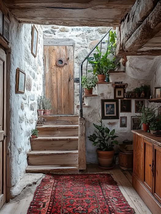 Rustic stone cottage interior with wooden door, stone staircase, potted plants, and redrug