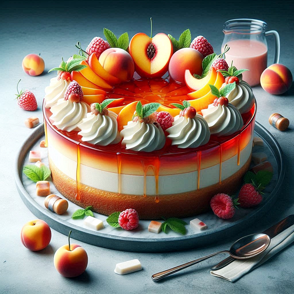 Layered peach cake with cream rosettes, fresh fruit toppings, and caramel drizzle on a blue plate