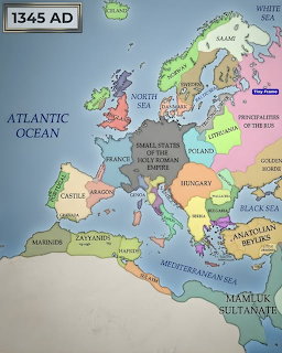 Historical map of Europe in 1345 AD showing medieval kingdoms and political borders