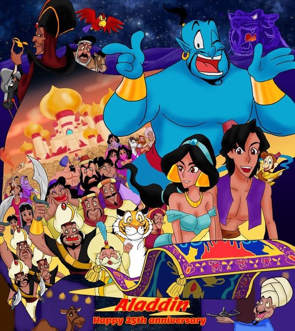 Colorful animated collage of Aladdin characters including Genie, Aladdin, Jasmine, and magic carpet on starry background