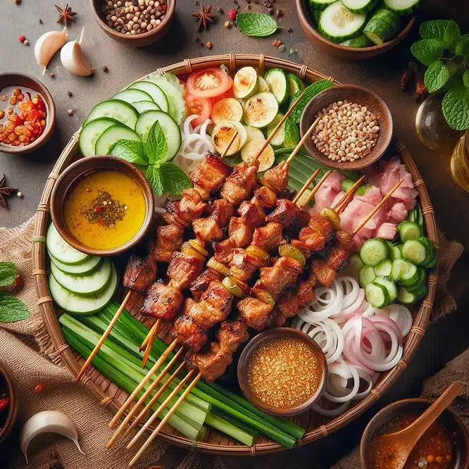 Vietnamese grilled pork skewers on bamboo sticks with cucumber, herbs, lime, and dipping sauces on wooden platter