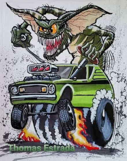 Cartoon monster in green AMC Gremlin hot rod with flames
