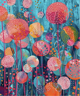 Colorful abstract illustration of round doted flowers in pink, orange, and teal on a blue background
