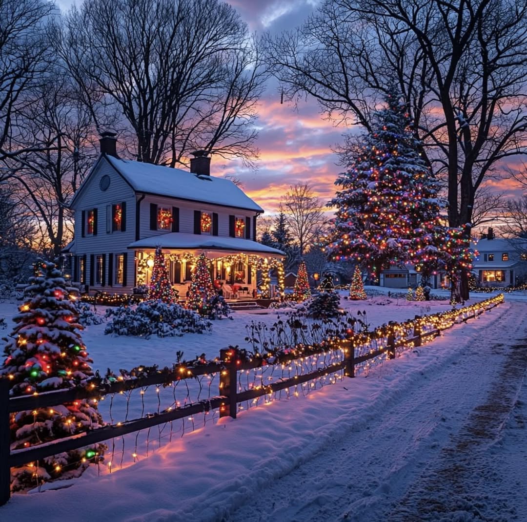 House with Christmas lights and decorated tree at sunset in snowy winter landscape