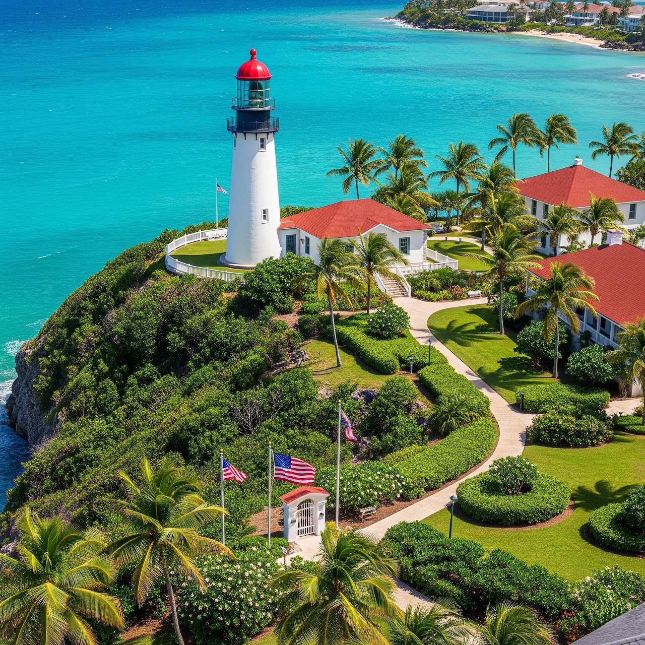 White lighthouse with red cap on green coastal point surrounded by turquoise ocean and palm trees in Hawaii