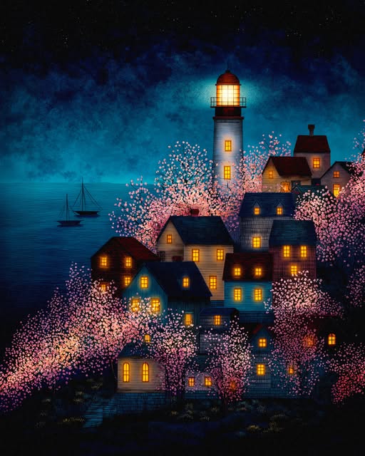 Illustrated nighttime coastal village with glowing lighthouse, pink blossoming trees, and lit windows under a starry sky