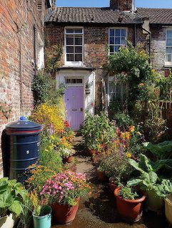 Brick cottage with purple door, potted flowers lining garden path
