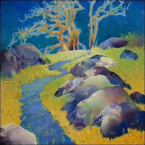 Abstract landscape painting with bare trees, rocks, and a winding path under a blue sky
