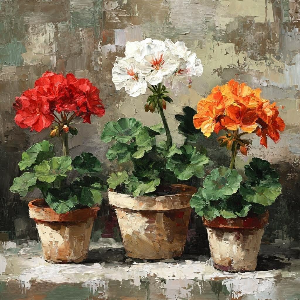 Painting of three potted geraniums in clay pots with red, white, and orange blooms