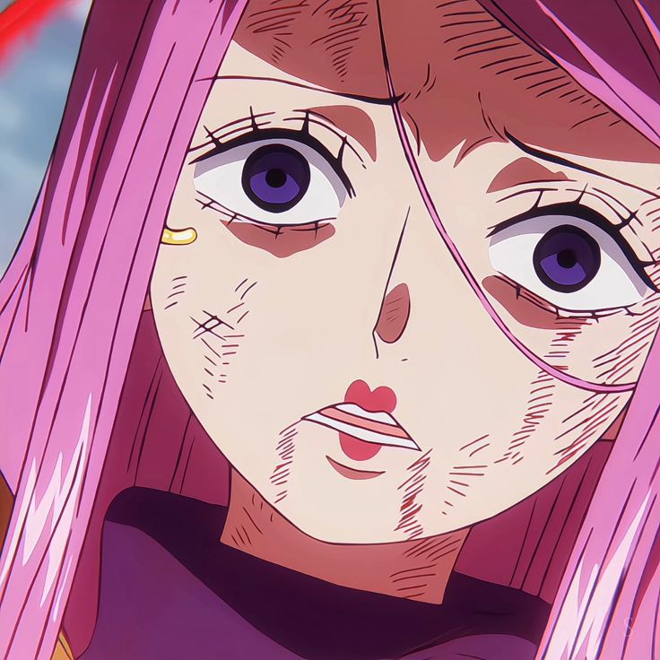 Anime portrait of Bonney from One Piece with pink hair and purple eyes showing surprised expression