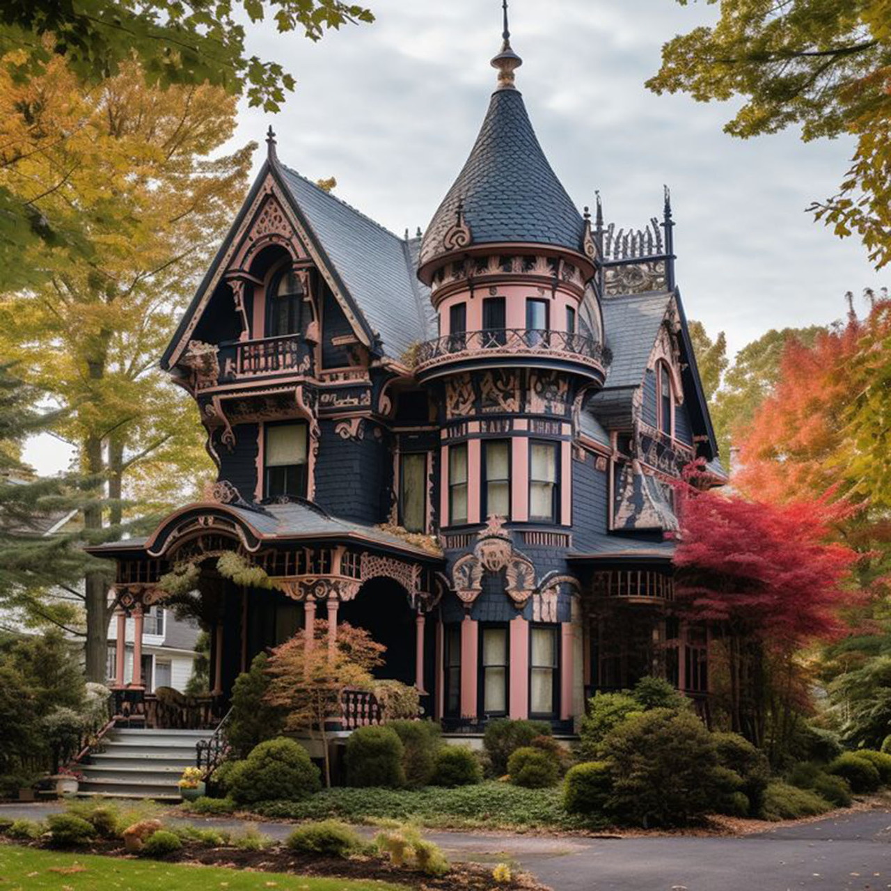 Dark Victorian Gothic mansion with turret amid autumn trees and lawn