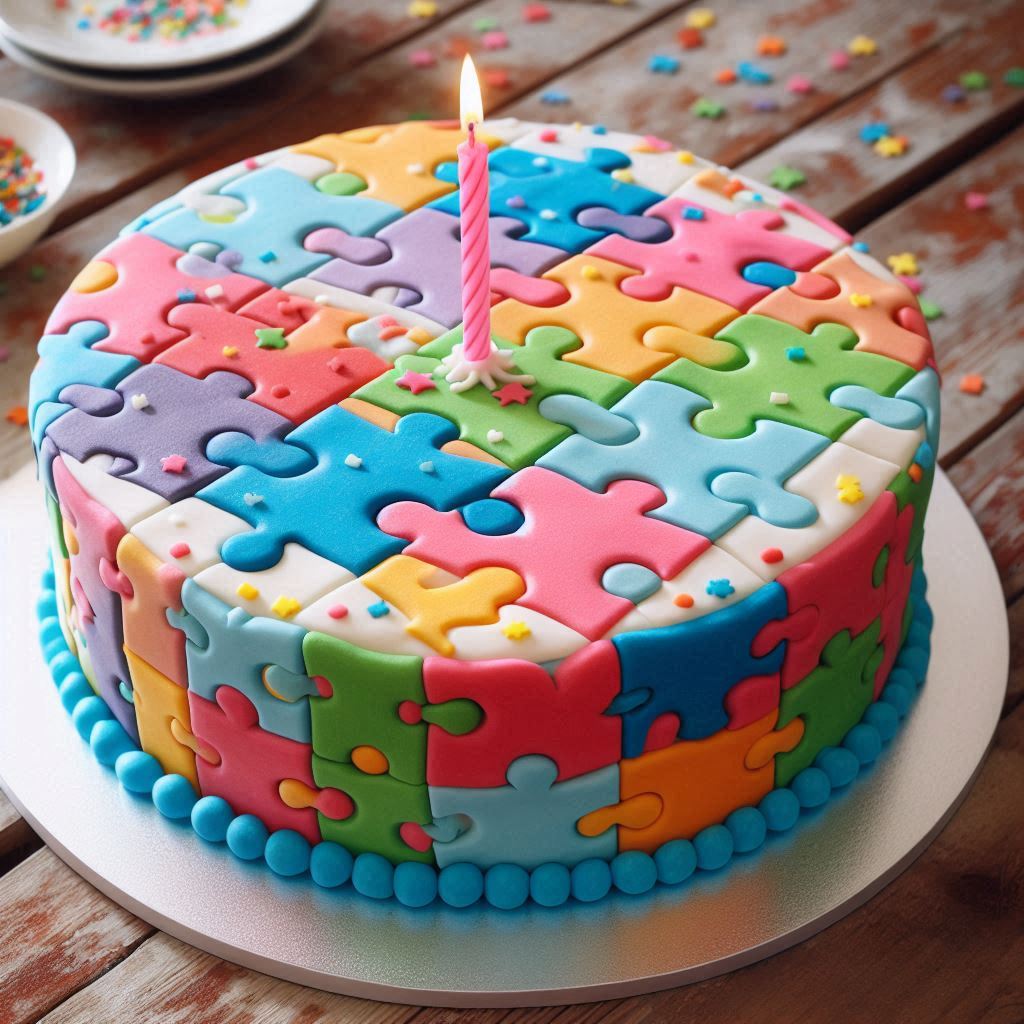 Colorful puzzle piece cake with a lit pink candle on a wooden table