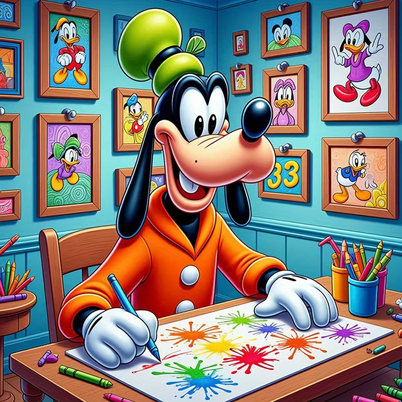 Cartoon dog in orange jacket coloring with paint splashes on paper at desk with art gallery wall behind