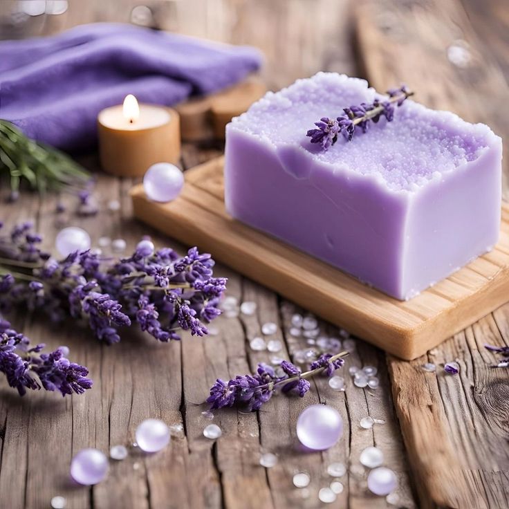 Purple lavender soap bar on wooden board with fresh lavender flowers and lit candle