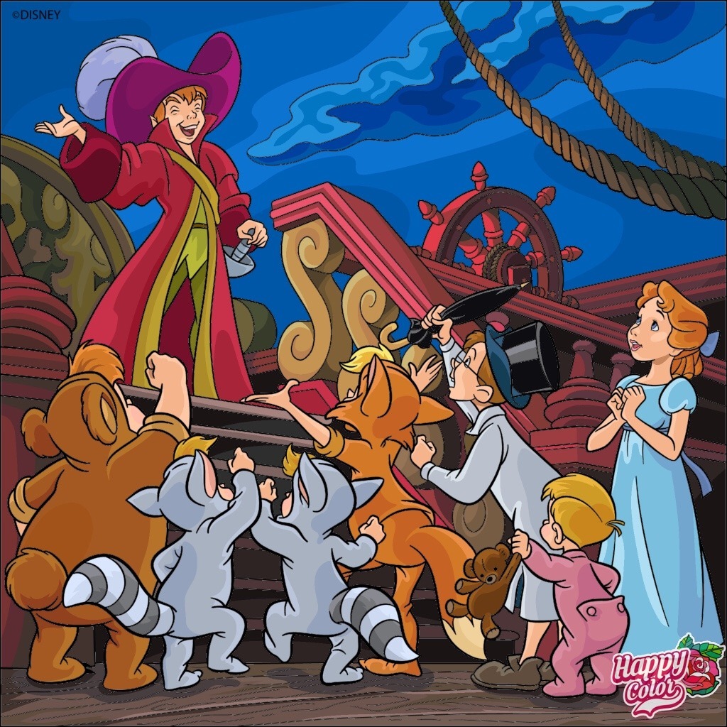 Peter Pan characters on pirate ship deck including Peter Pan, Wendy, and Lost Boys with ship wheel and rope rigging