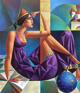 Cubist painting of woman in purple dress with geometric background in vibrant blues, greens, and earth tones