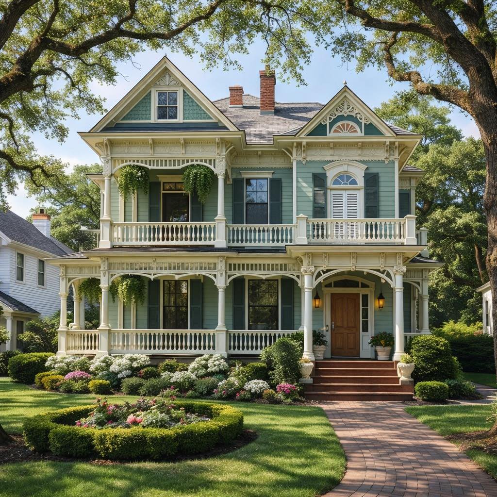 Two-story Victorian house with wraparound porches, ornate woodwork, and landscaped front yard under large oak trees