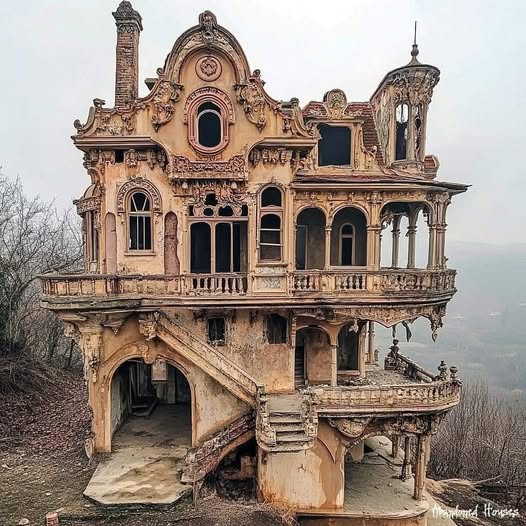 Deteriorating ornate Victorian-style mansion with towers and balconies on a hilltop
