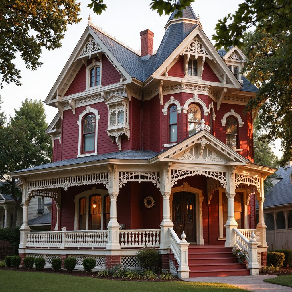 Red Victorian mansion with white ornate trim and wraparound porch on green lawn