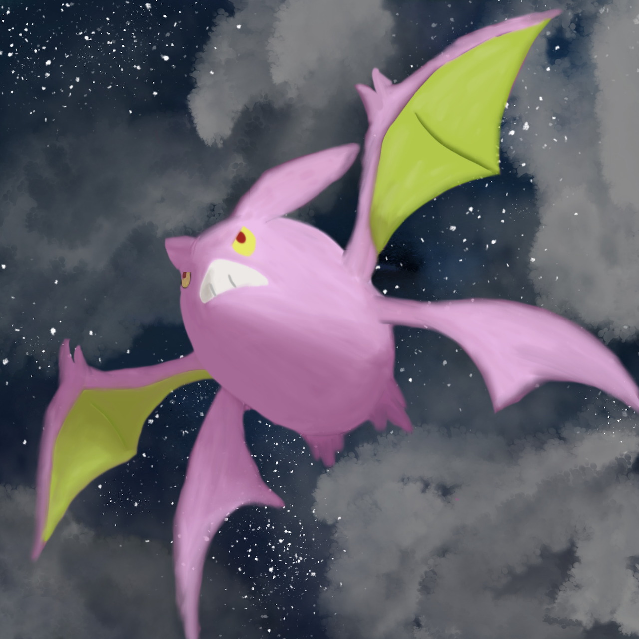 Pink Crobat with yellow wings flying through starry night sky