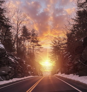 Snow-lined road through rocky cuts leading toward a bright golden sunset with dramatic clouds