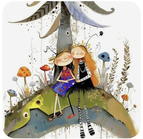 Two girls sitting on a curved hill reading together, with mushrooms and a windmill in whimsical watercolor style