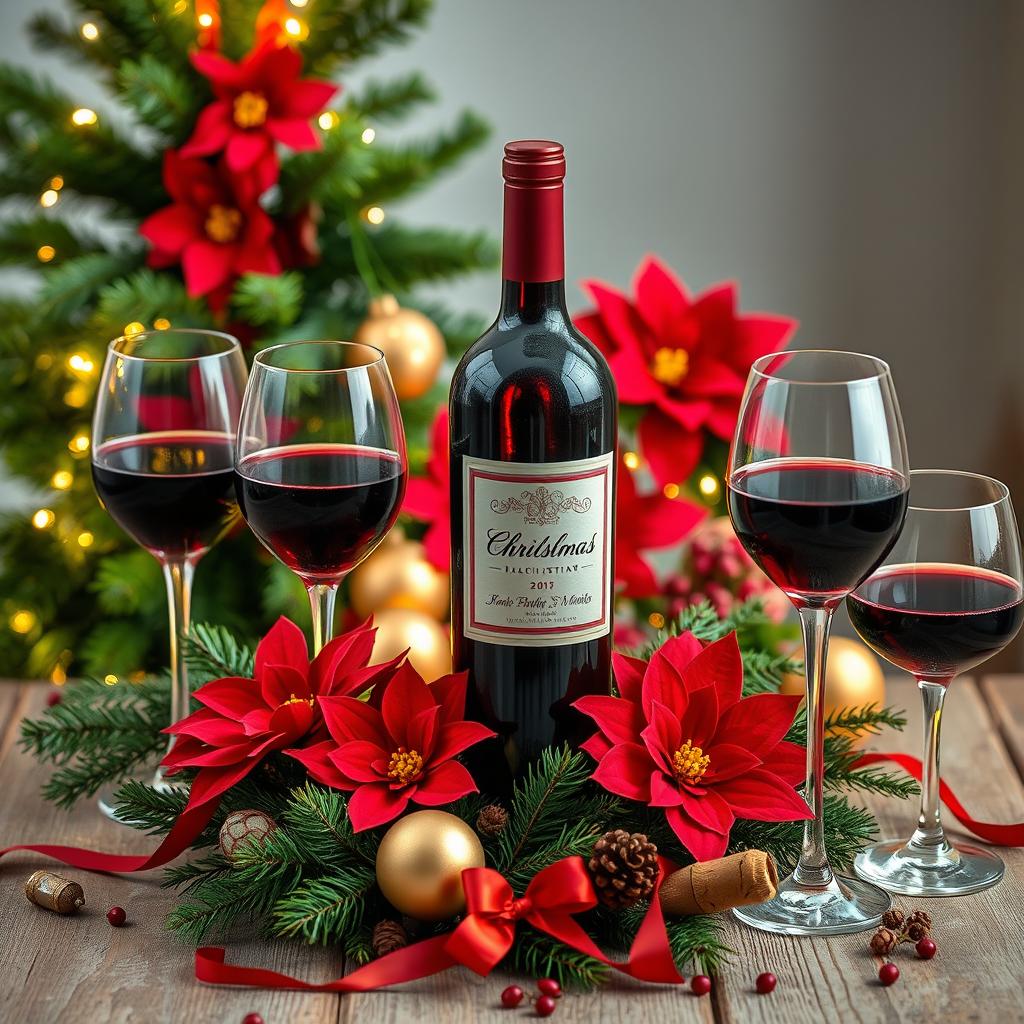 Wine bottle and glasses with red poinsettias, pine branches, and Christmas ornaments on wooden table