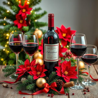 Christmas Wine and Poinsettias