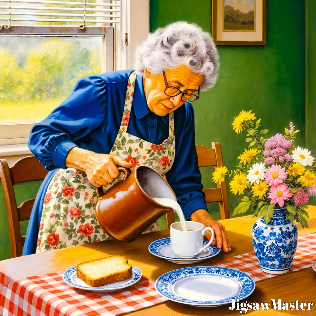 Elderly woman pouring tea from orange teapot at breakfast table with toast and flowers by window