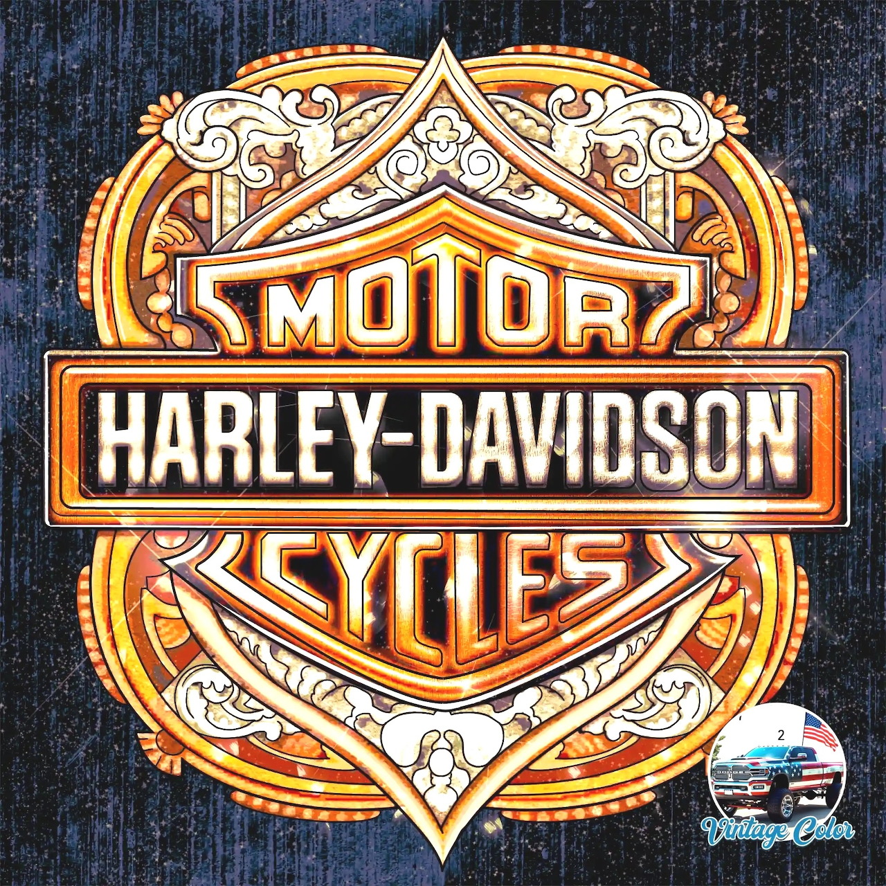 Vintage-style motorcycle emblem with ornate gold and orange details on a dark textured background