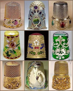 Grid of nine decorative vintage thimbles with intricate patterns and embellishments
