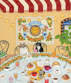 Illustrated gelato dessert table with colorful treats under red and white striped awning