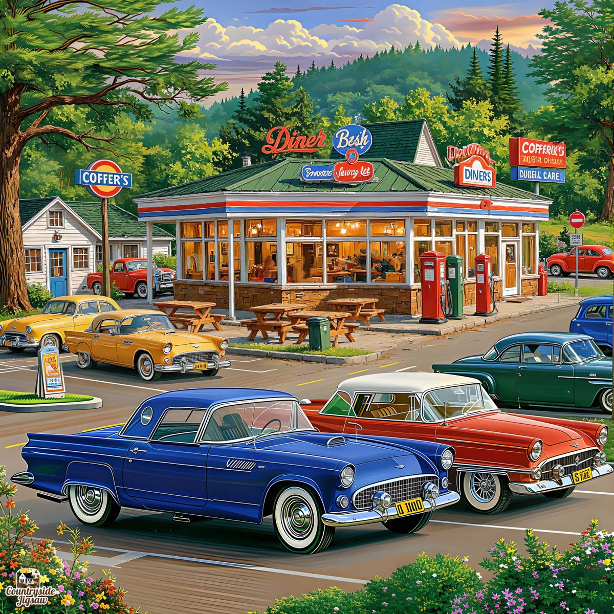 Colorful painting of a vintage roadside cafe with classic cars, trees, and mountains in the background
