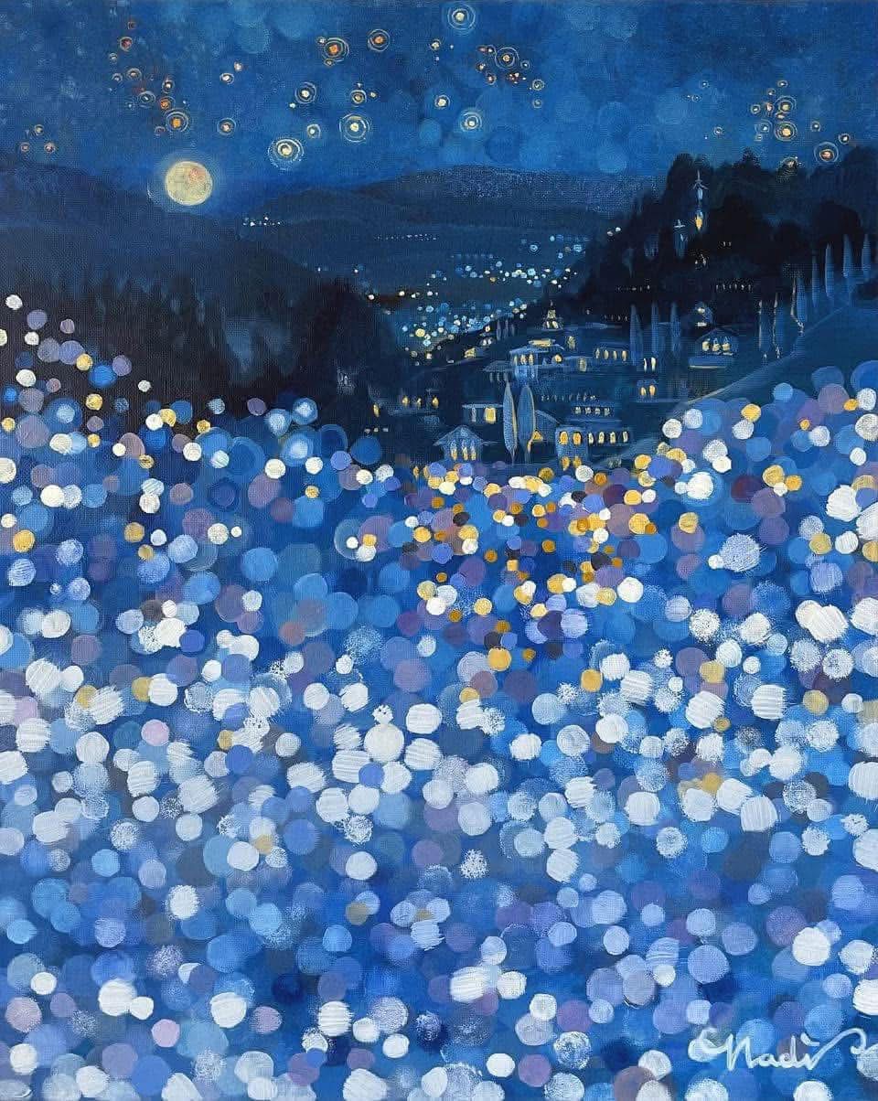 Blue night painting of a village hillside with glowing lights and a moonlit sky