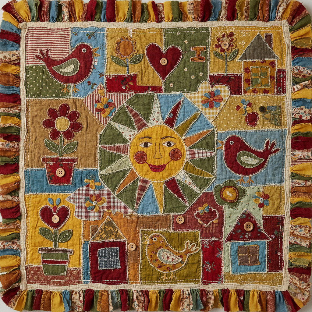 Colorful patchwork quilt with birds, flowers, houses, and a smiling sun in the center
