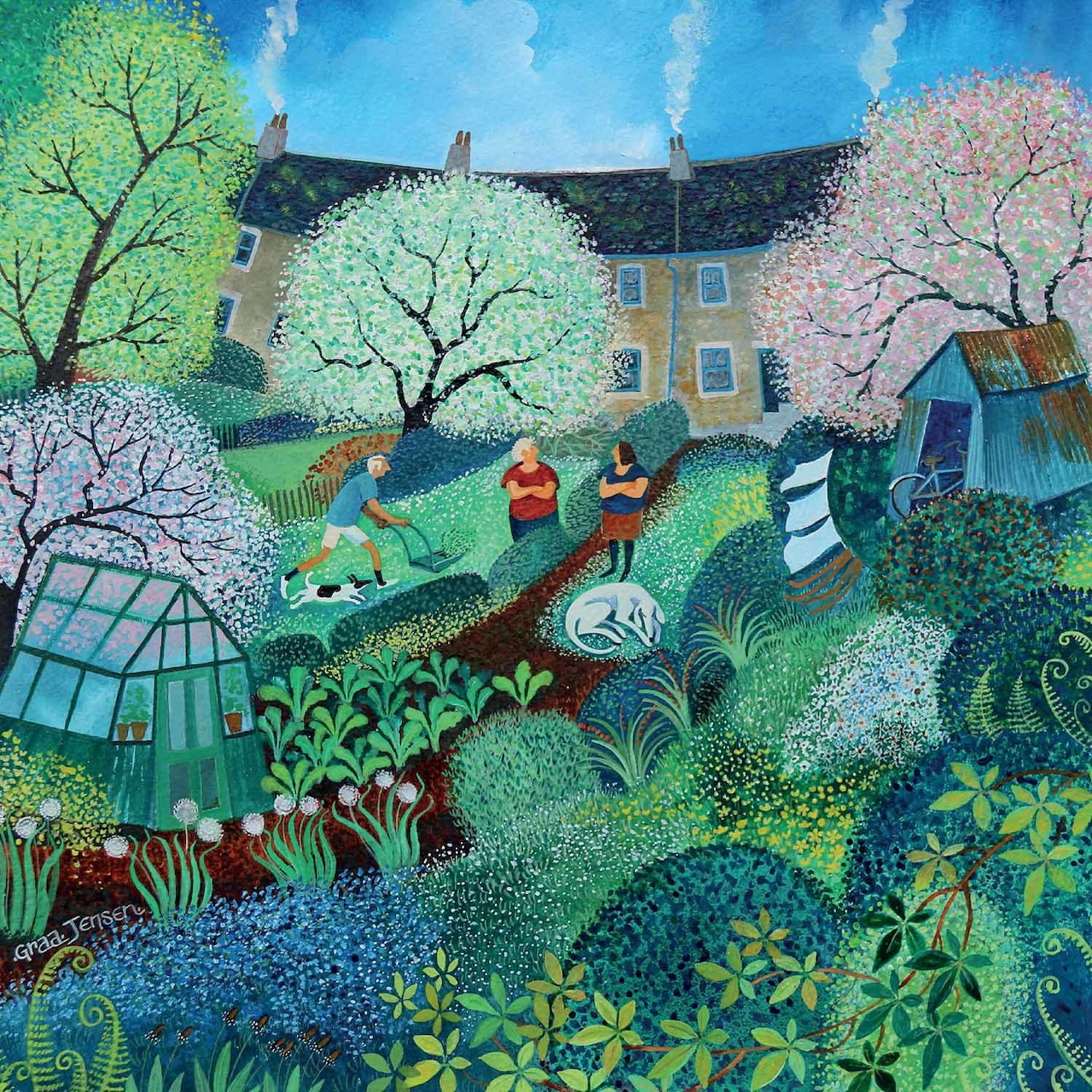 Folk art scene of people chatting in colorful garden with flowering trees and greenhouse