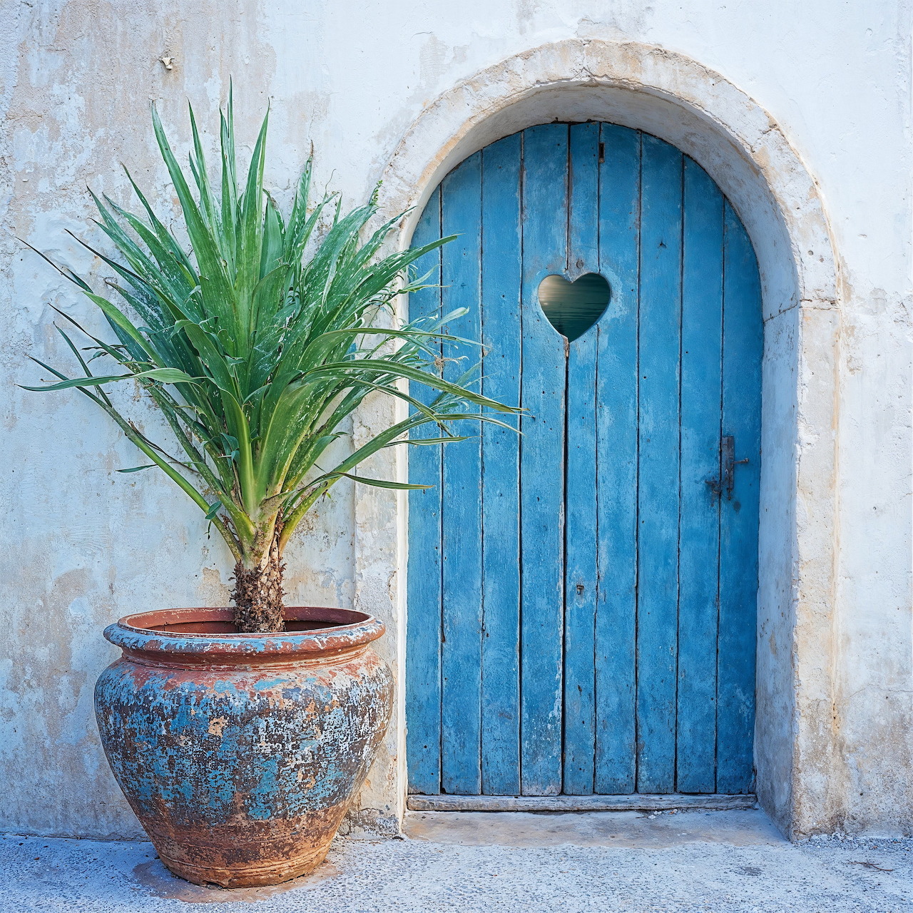 Blue arched wooden door with heart cutout next to potted palm tree in blue ceramic pot against white weathered wall