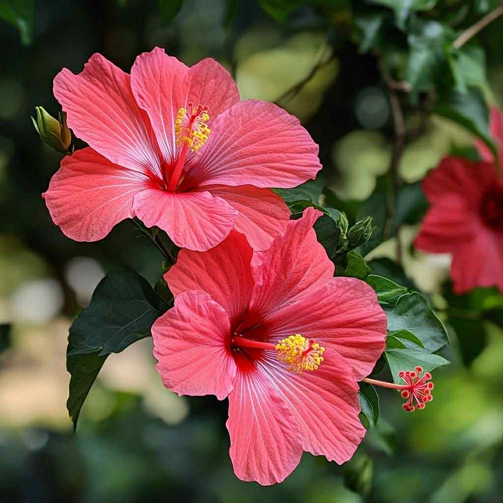 Two pink hibiscus flowers with yellow centers on a bush with green leaves