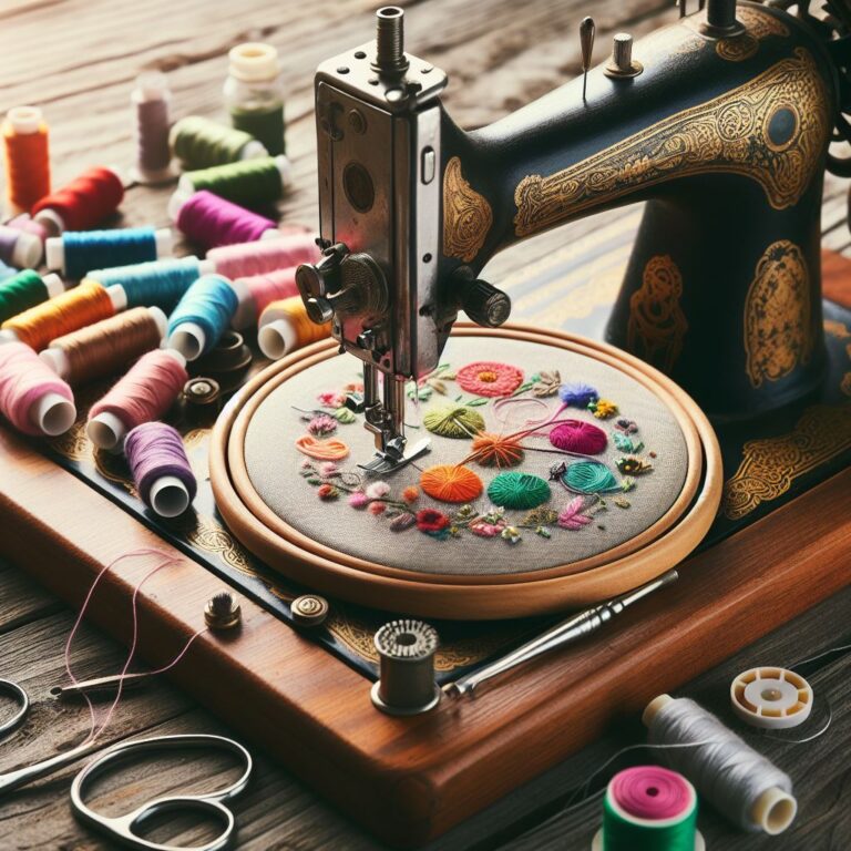 Vintage sewing machine with floral embroidery hoop, thread spools, and scissors on a wooden table