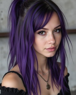Young woman with long purple and black hair, brown eyes, wearing black off-shoulder top and necklace
