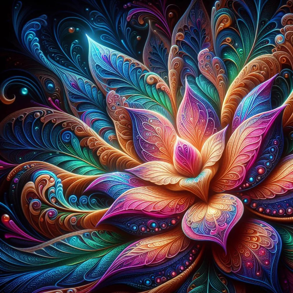 Colorful abstract flower with swirling patterned petals in blue, pink, orange, and purple